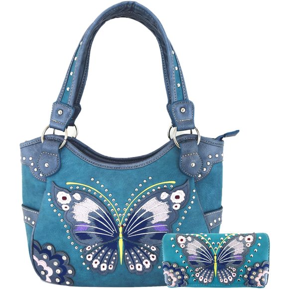 Western Style Springtime Embroidery Butterfly Floral Leather Totes Purse :o) - Picture 1 of 7